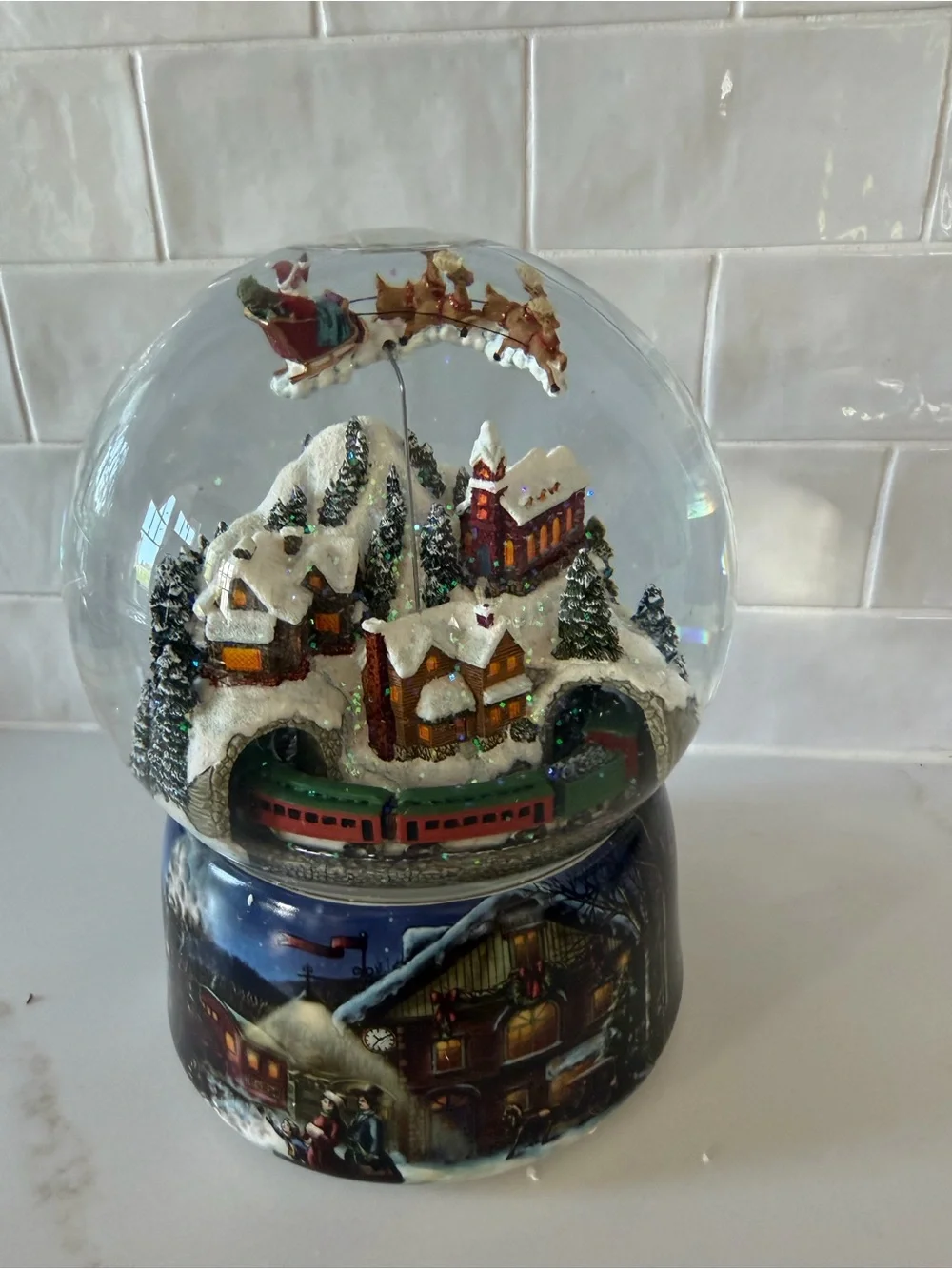 Festive Snow Globe Holiday Village with Train - White & Red
